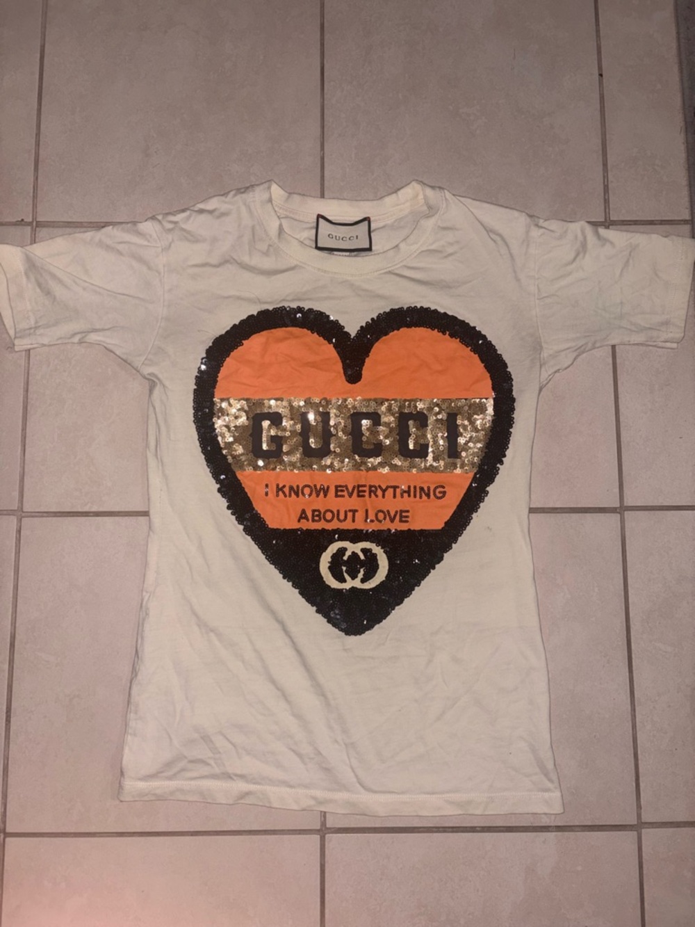 Gucci White Short Sleeve Tee with Orange & Gold Heart Sequin Graphic